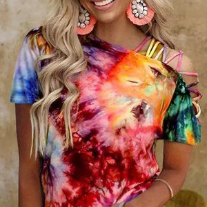 Tie Dye Criss-Cross One Sided Cold Shoulder Blouse
